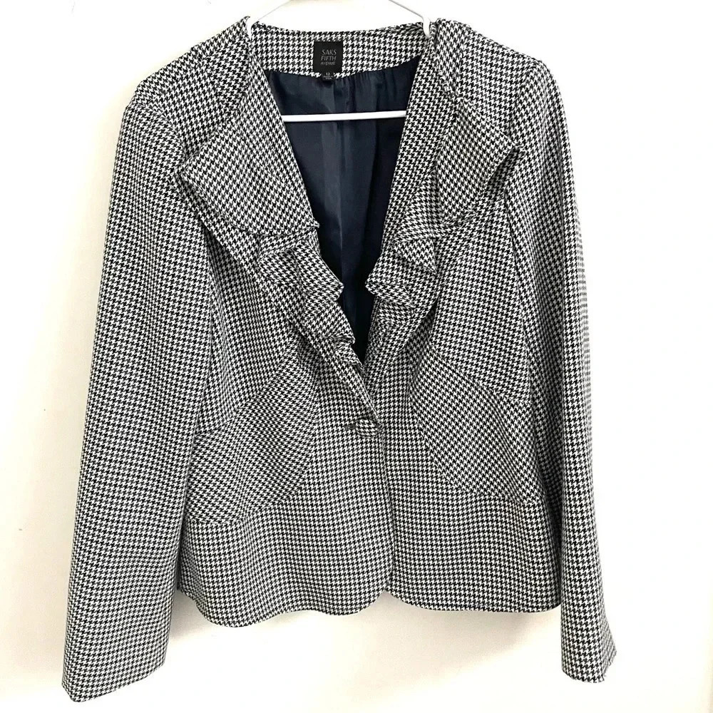 Saks Fifth Avenue Ruffled neck & hem plaid Houndstooth Blazer 12